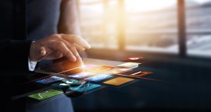 business woman using mobile payments online shopping and icon customer network connection on virtual screen, m-banking and omni channel business woman using mobile payments online shopping and icon customer network connection on virtual screen, m-banking and omni channel