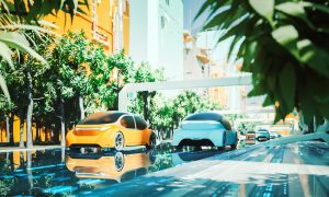 Futuristic green city with generic autonomous electric cars. Vehicle is a custom modeled and not based on any real or conceptual model/brand. 3D generated image.