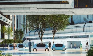 Futuristic city center with electric vehicles and people. This is entirely 3D generated image. Vehicle is custom modeled and not based on any real or concept model/brand.