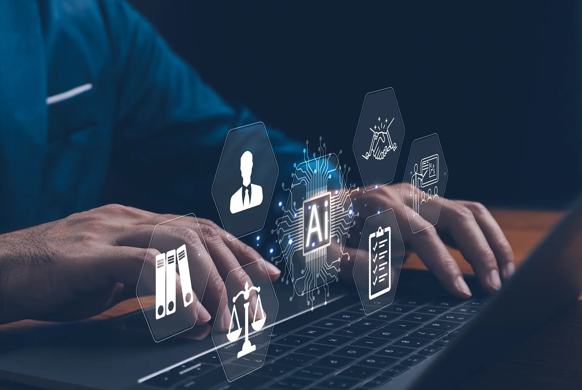 AI Laws and Regulations Concept: A hand typing on a laptop with digital screen, representing artificial intelligence, legal standards, ethics, and regulatory compliance. Visual symbolizes law
