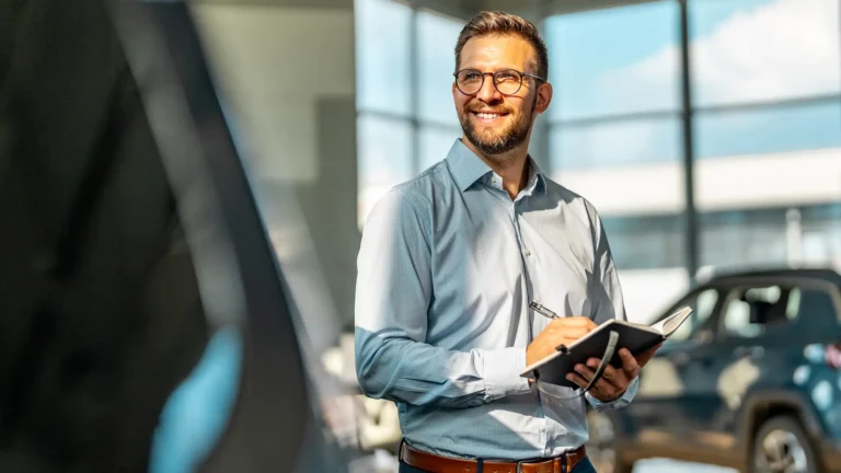 Handsome male car salesman working in the showroom