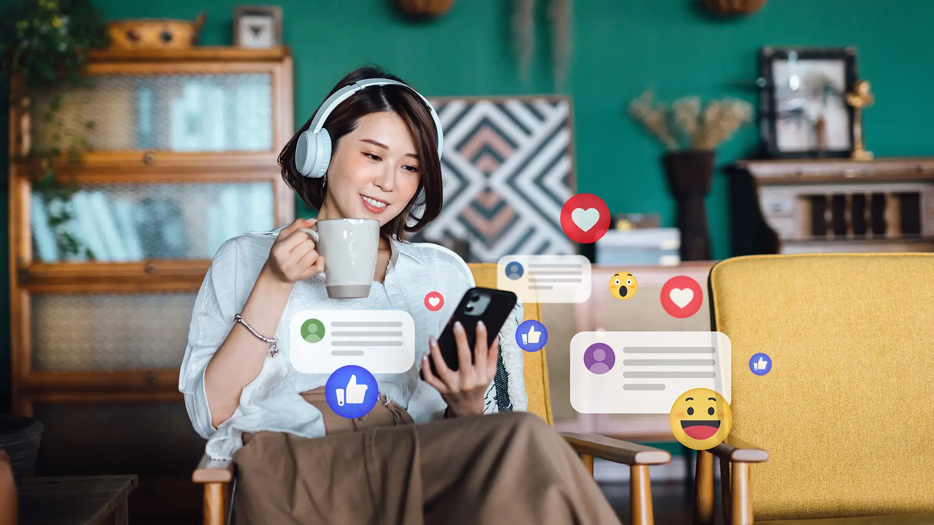Beautiful young Asian woman with headphones relaxing at home and using smartphone, checking social media on mobile phone, receives notification, likes, views and comments. Youth lifestyle, social media and digital online