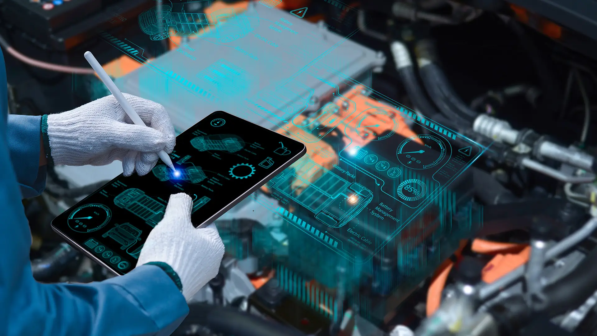 Auto mechanic using a tabletÂ wireless scanning tool to check the ECU engine system; automobile information displayed on a screen; mechanic working on cars at a garage