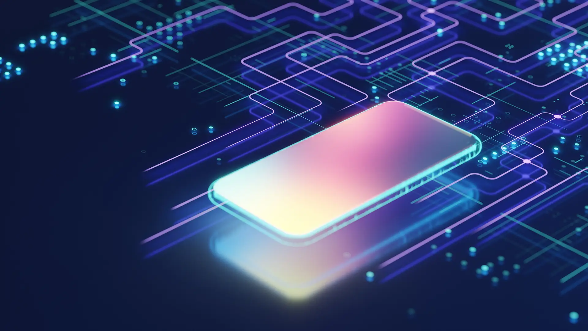Holographic smartphone with soft colourful gradient on the screen soaring over the digital background with glowing abstract lines and particles