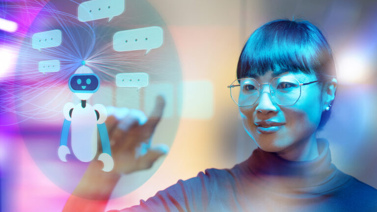 Japanese woman interacts with futuristic transparent screen displaying digital graphs and data, symbolizing artificial intlellingence, advanced technology and innovation