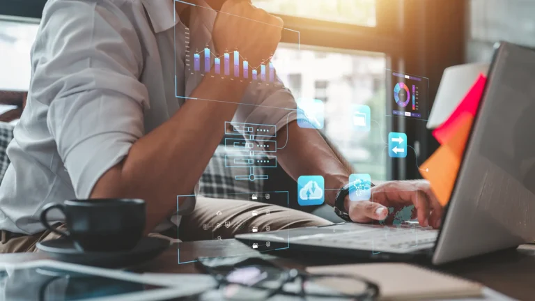 business, technology, project, analysis, resource, management, document concept. businessman operating project analysis resource management with laptop and hud screen. business man used technology