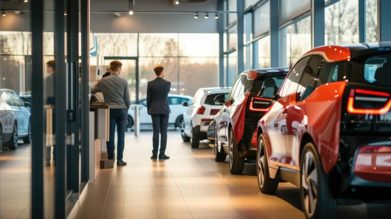 salesperson showcasing electric car EV in auto showroom AIG41