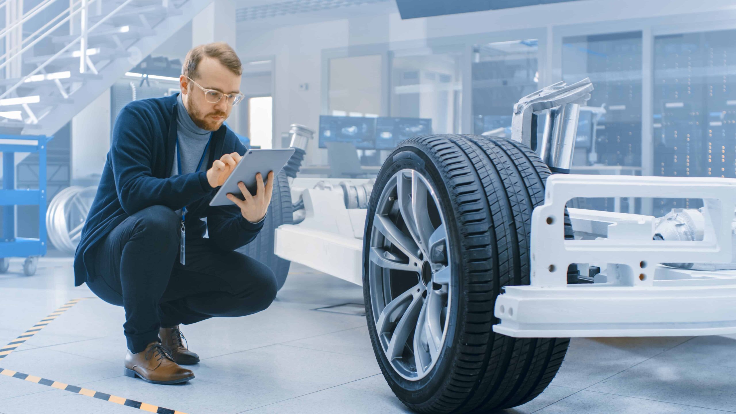 Engineer inspecting car chassis and tires in automotive testing facility.