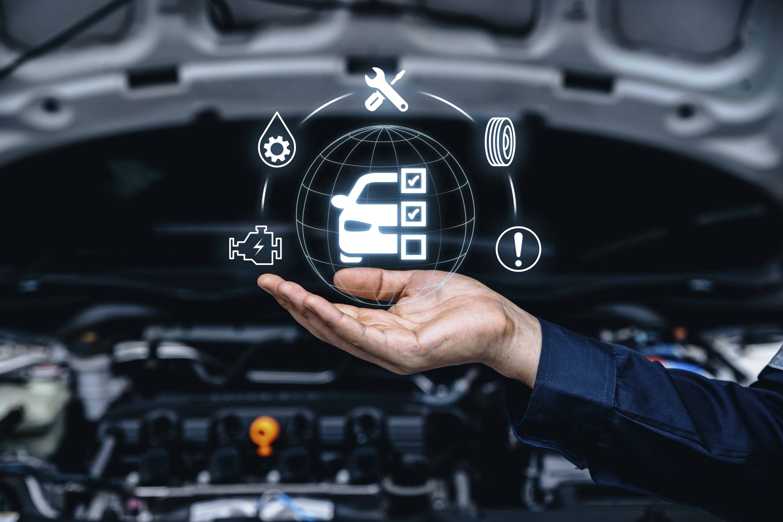 Automotive diagnostics and maintenance icons over a car engine.