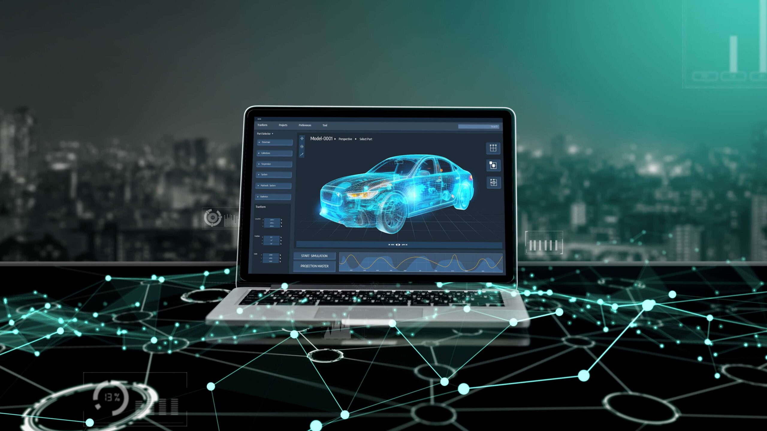 Electric car design software on computer screen show simulation blueprint snugly