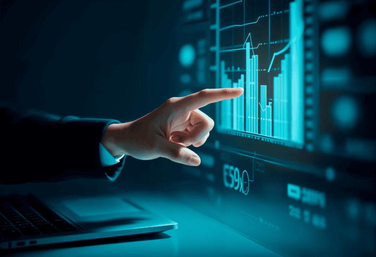 Business professional analyzing digital data on a futuristic screen.