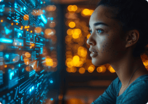 Young woman analyzing digital data on a futuristic screen at night.